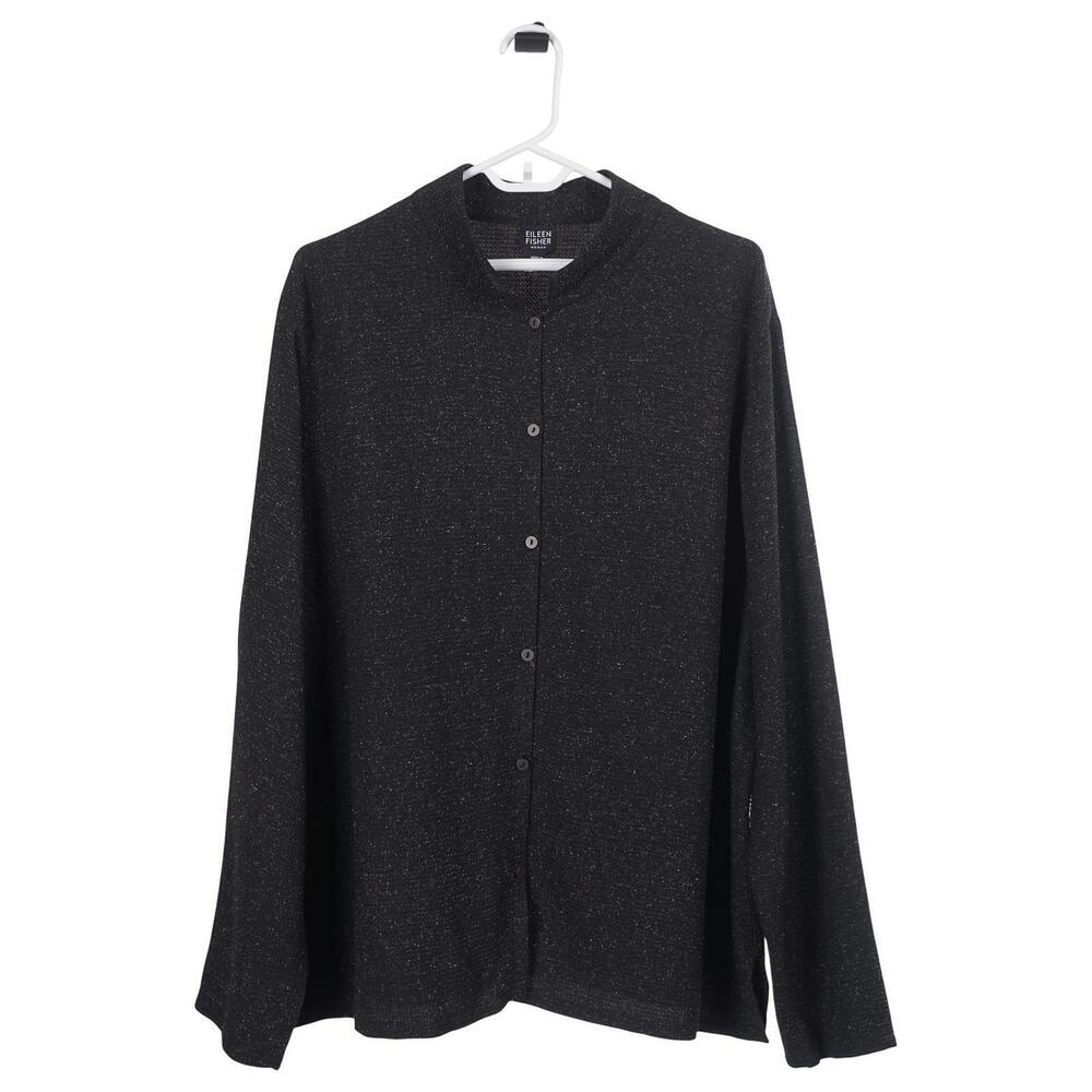 Eileen Fisher Top 1X? Black Speckled Waffle Knit Long Sleeve Button Down